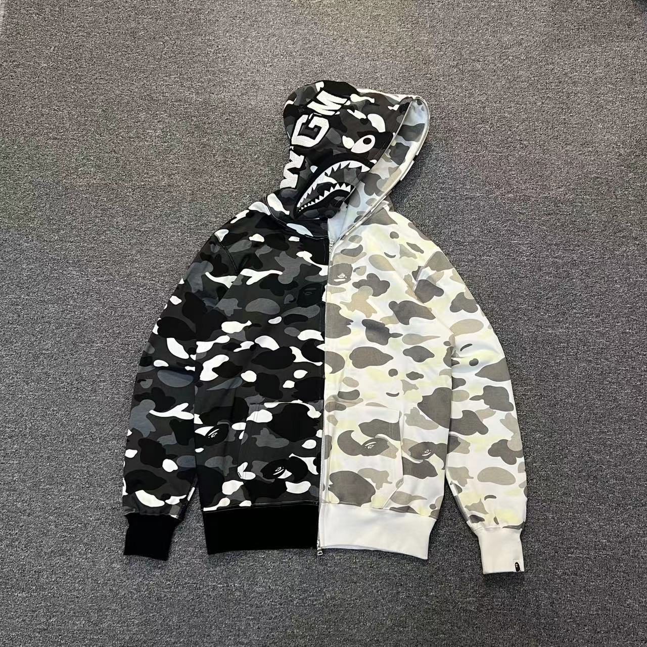 BAPE Shark Hoodie in a Black and White Camouflage - Image 2