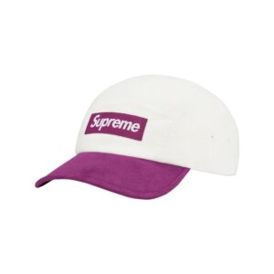 Supreme Suede Visor Camp Cap in White with a Purple Suede Visor